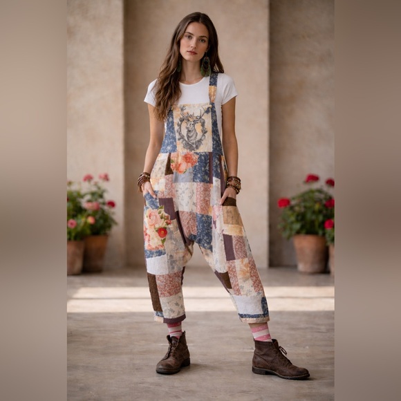 Hand Crafted Denim - “Clochard de Luxe” Patchwork Floral Overalls in Blue, Cream & Brown